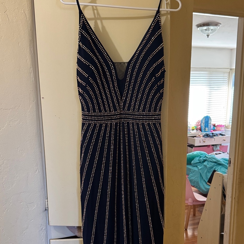 Elegant Navy Blue and Gold Studded Dress